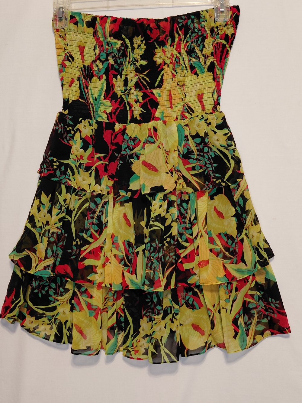 MODA International Strapless Tiered Ruffle Dress Medium Tropical Floral Smocked
